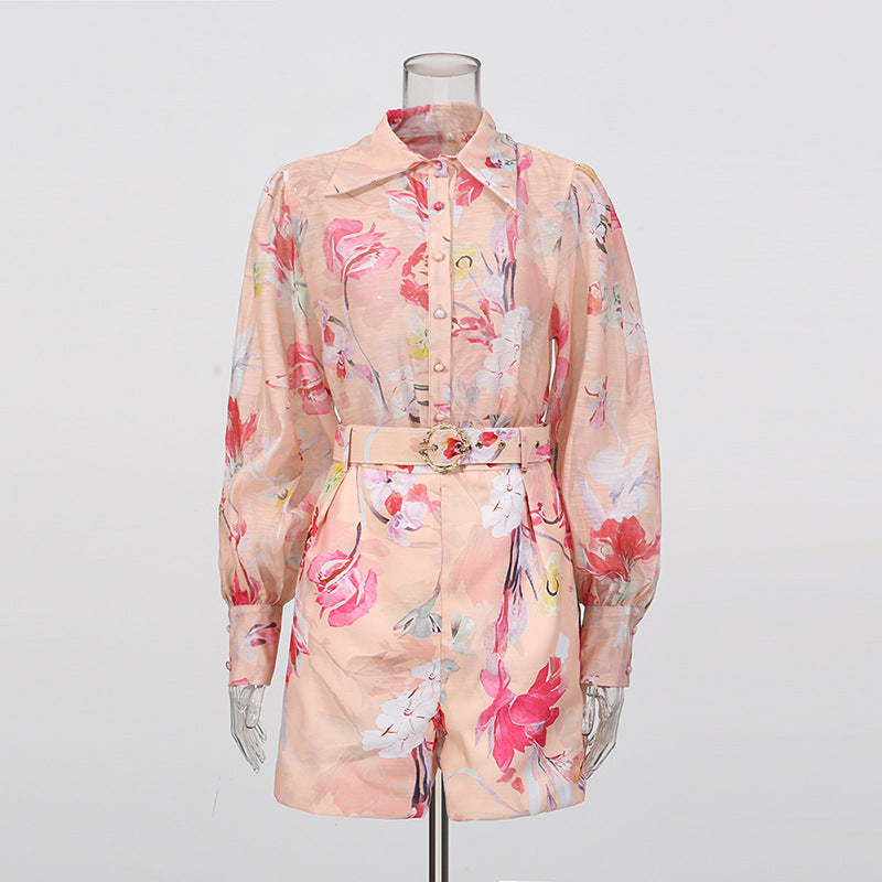 ORANGE FLORAL PRINT SHIRT SHORTS SET