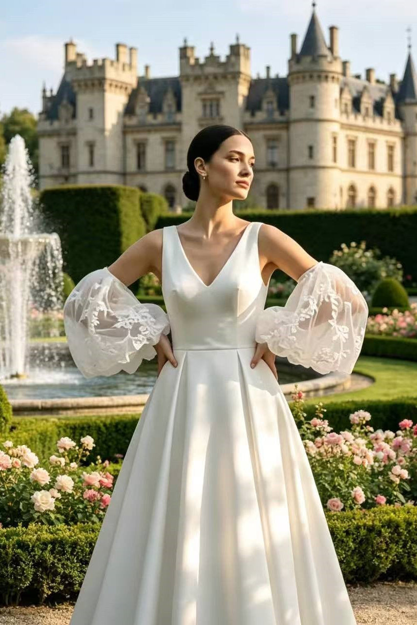 O1CN01cxfY0O1I7ybmAhAIo__2214609930847-0-cib SATIN V-NECK A-LINE WEDDING DRESS W/ DETACHABLE LACE SLEEVES