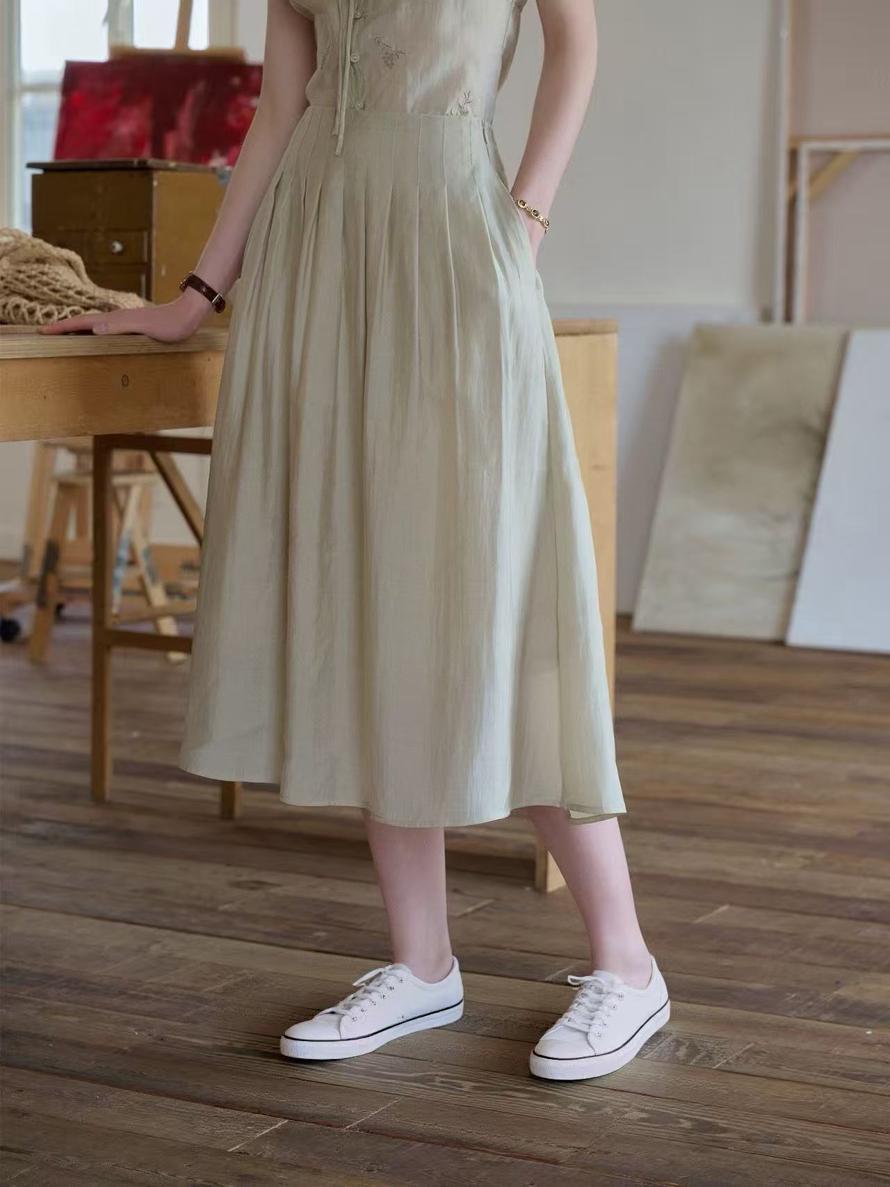 V-NECK PLANT EMBROIDERY SUIT SKIRT