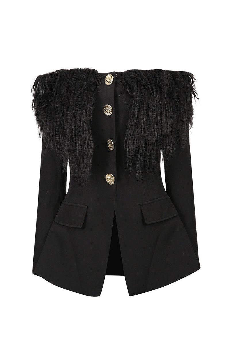 BLACK OFF-SHOULDER FEATHER BLAZER MINI DRESS