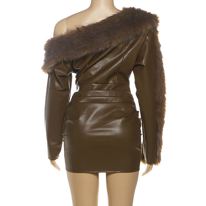 SIBYL ASYMMETRIC LEATHER MINI DRESS BROWN