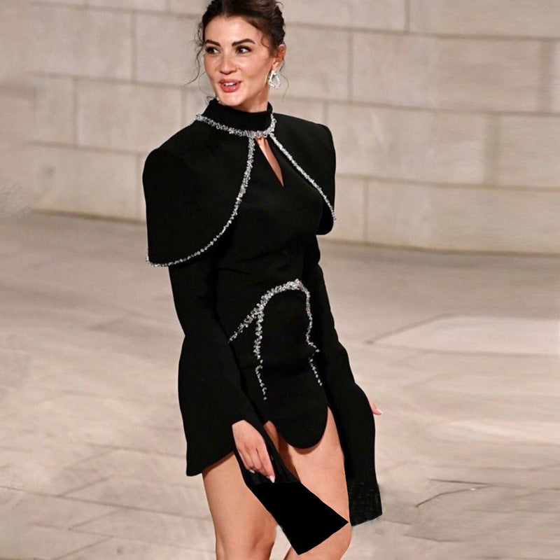 DIAMOND EMBELLISHED TRUMPET SLEEVE MINI DRESS, BLACK