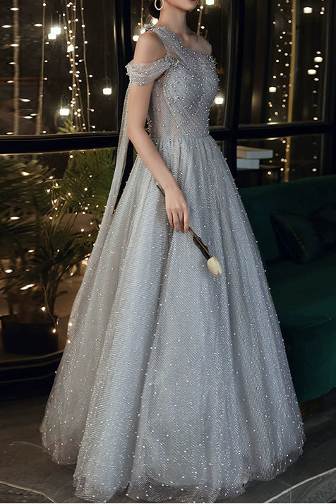 DUSTY BLUE ONE-SHOULDER PEARL MAXI EVENING GOWN
