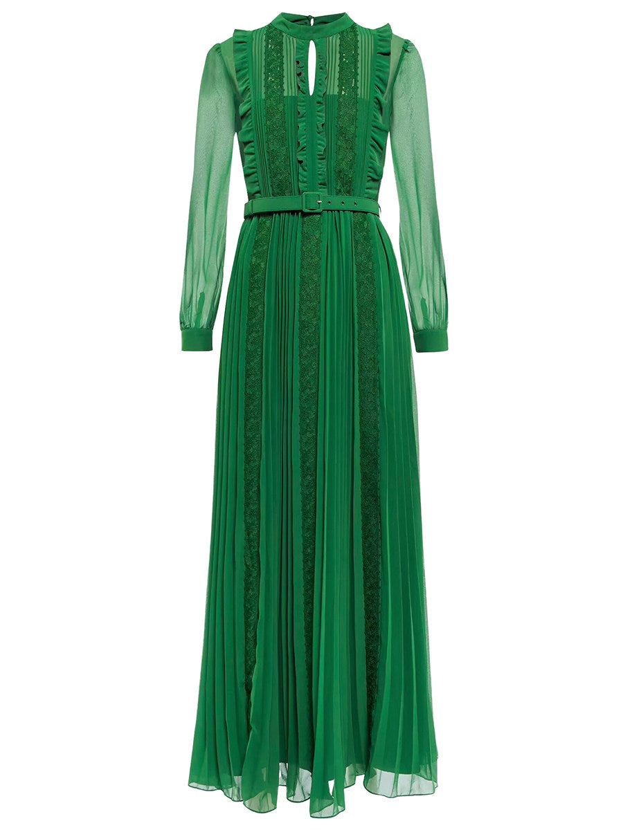 GREEN LACE SPLICE PLEATED MIDI DRESS FOR WEDDING