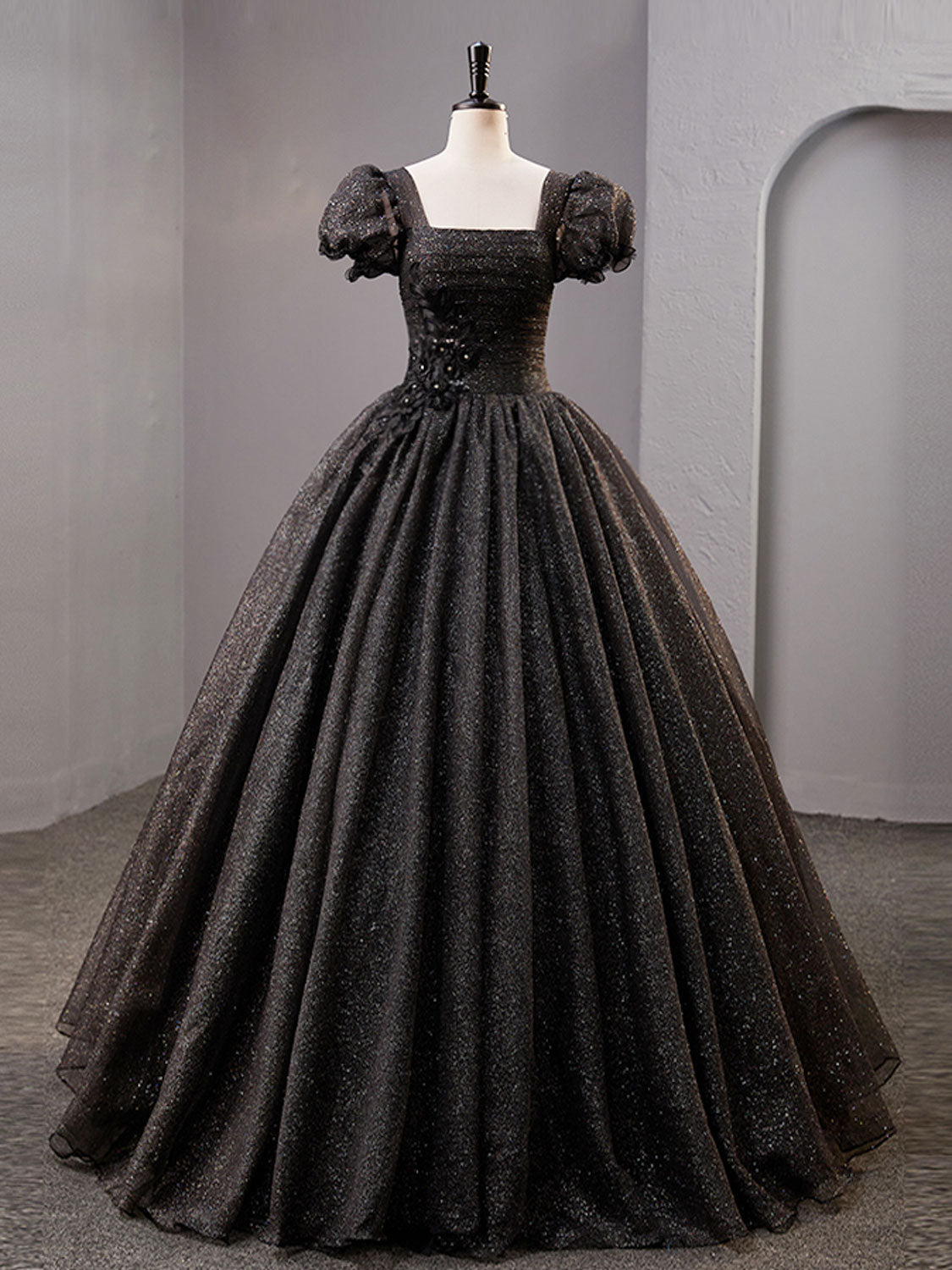 SHINY BLACK SQUARE NECK TULLE PROM GOWN