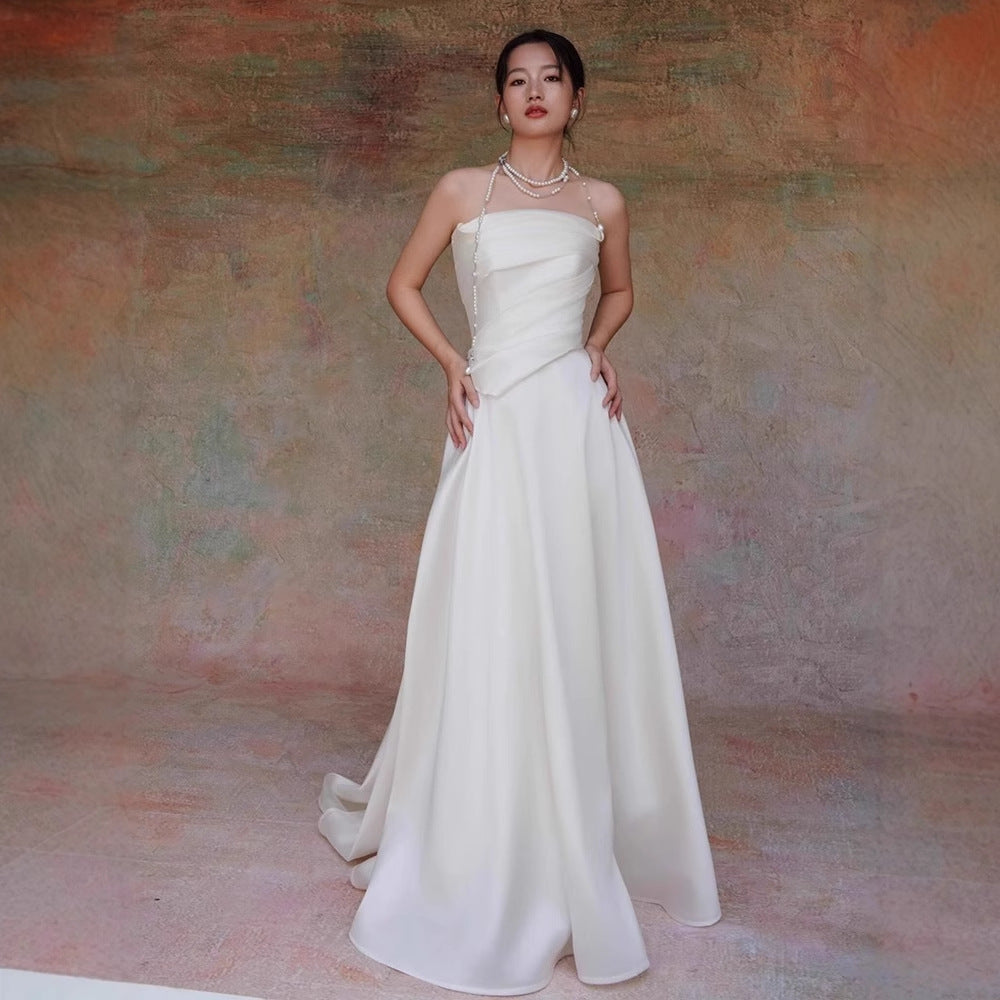 LYDIA WHITE SATIN STRAPLESS MAXI TRAIN WELCOME GOWN