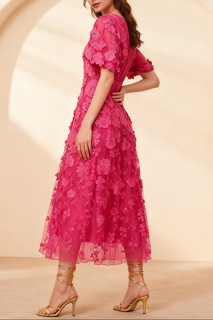 MODESTY PUFF SLEEVE V-NECK EMBROIDERY MIDI DRESS ROSE RED