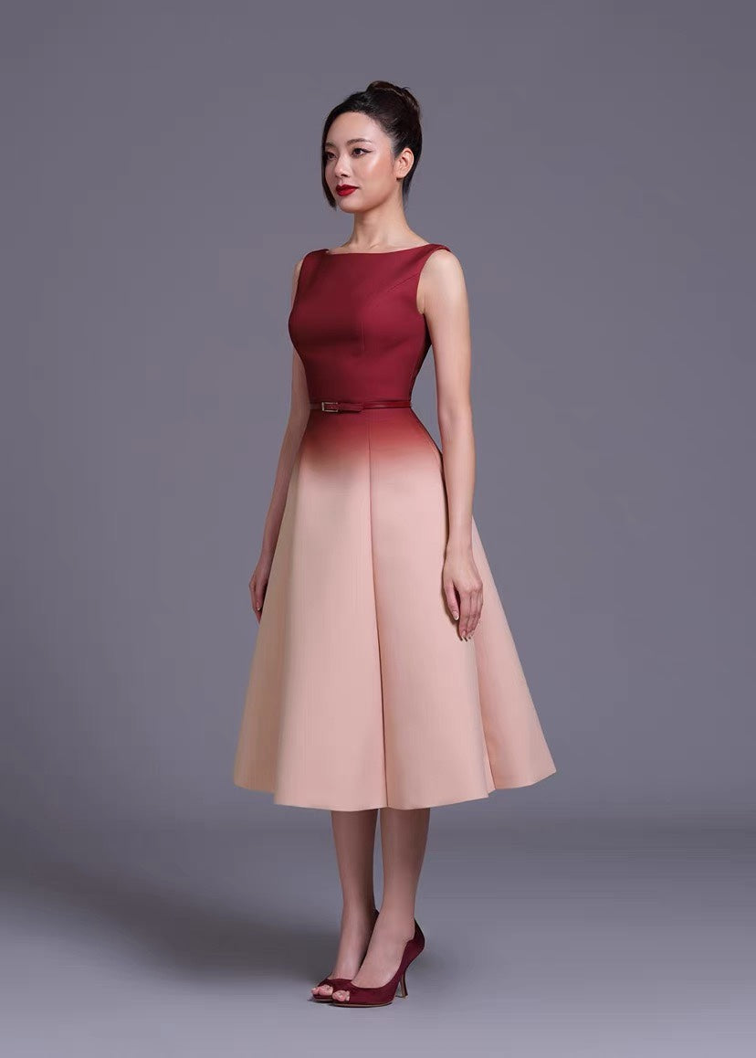 RED PINK GRADIENT SLEEVELESS MIDI DRESS