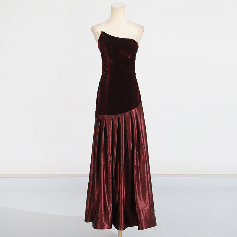 TIFFANY STRAPLESS SPLICING MAXI DRESS - BURGUNDY
