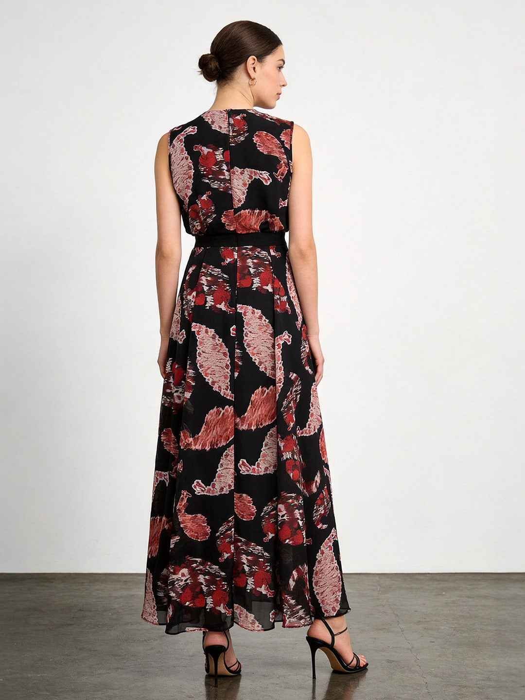 BLACK PRINTED V-NECK SLEEVELESS MAXI DRESS CASUAL