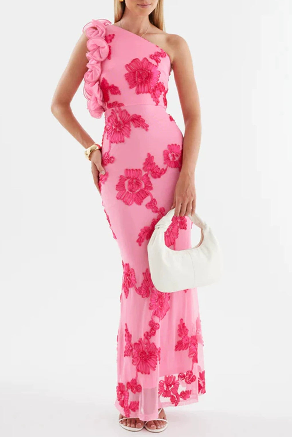 BODYCON PINK ONE-SHOULDER 3D FLOWER MAXI DRESS