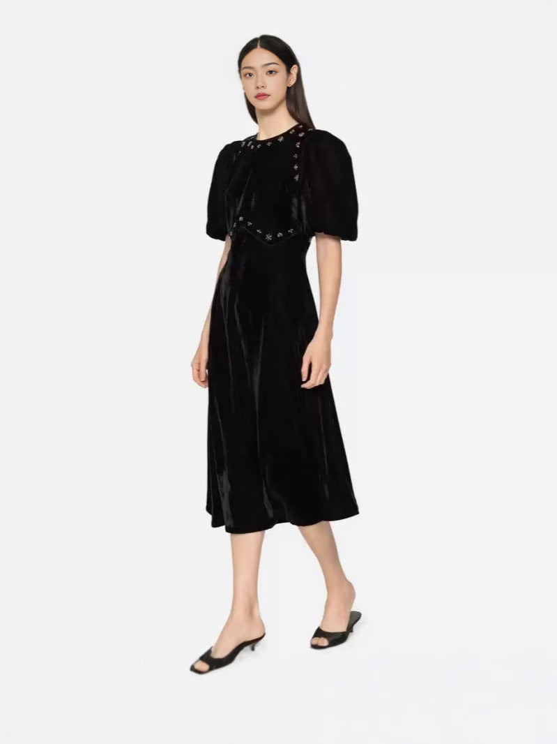 CRYSTAL PUFF MIDI DRESS BLACK, EVENING