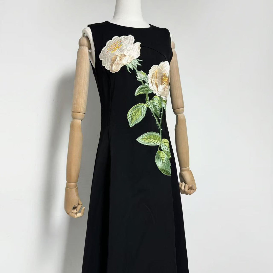 KATE FLORAL MIDI DRESS, BLACK SLEEVELESS EMBELLISHED