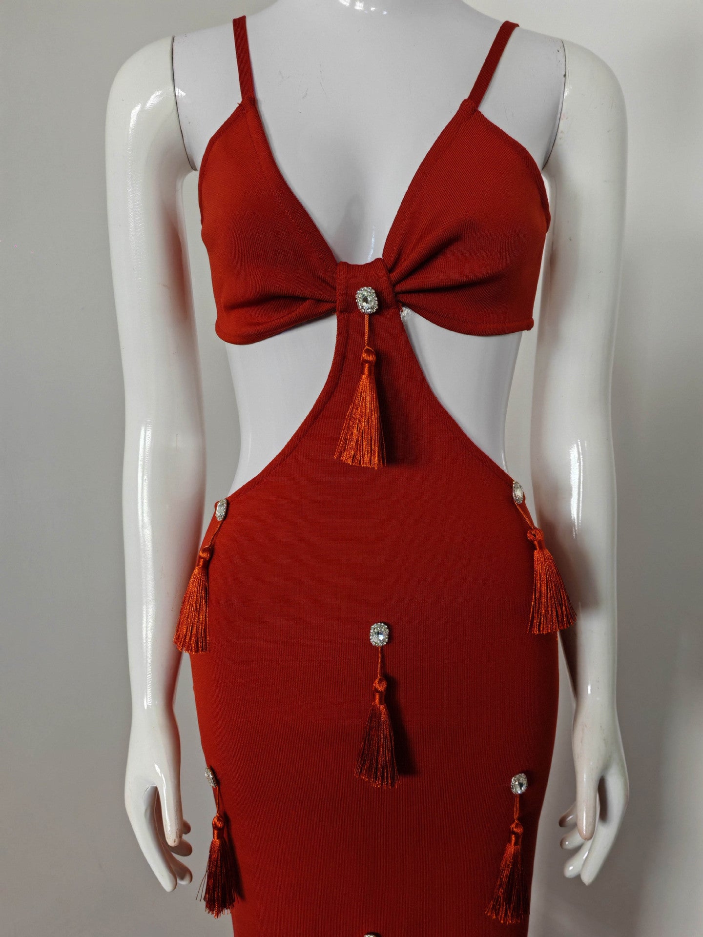 DEEP-V RED BANDAGE MAXI DRESS WITH TASSELS