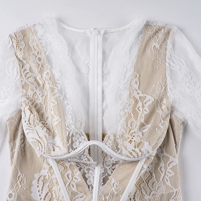 WHITE LACE CORSET MINI DRESS LONG FLARE SLEEVES