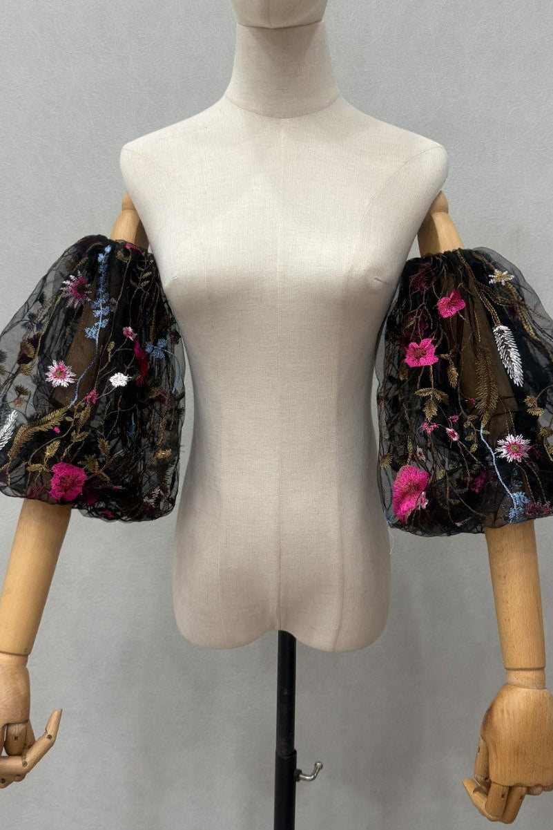BLACK SHEER TULLE FLORAL EMBROIDERY PUFF CUFF BOHO