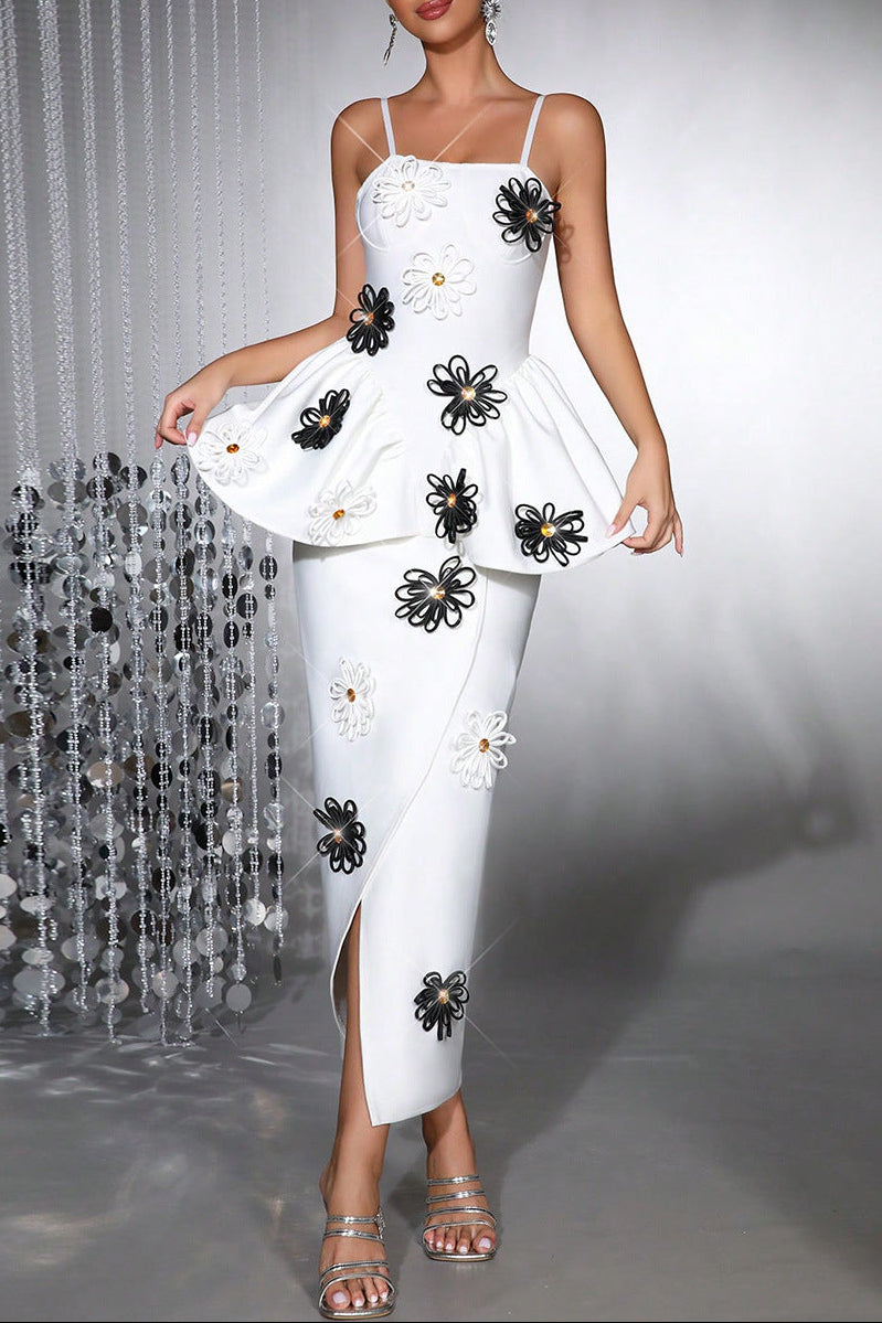 WHITE BANDAGE BODYCON MIDI DRESS WITH HANDMADE FLOWER