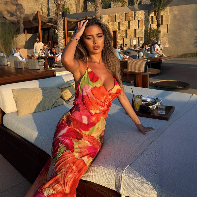 FALLING TROPICAL BLOOM HIGH SLIT MAXI DRESS