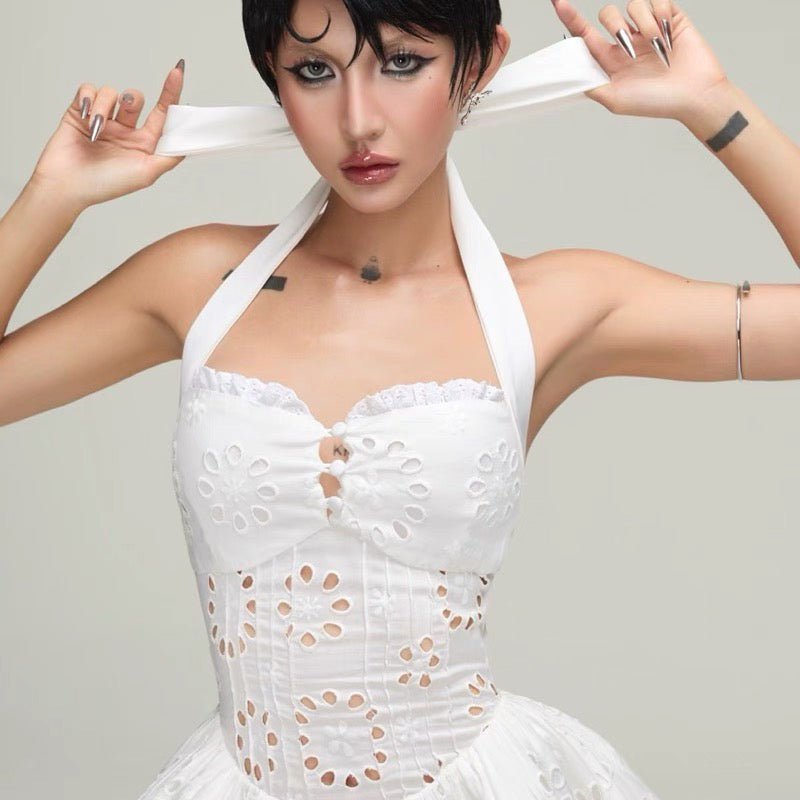 HALTER EMBROIDERED WHITE HOLLOW MINI DRESS