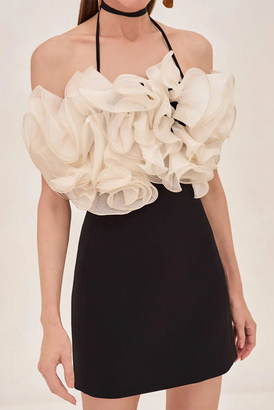 ROSEMARY BACKLESS RUFFLE MINI BLACK DRESS