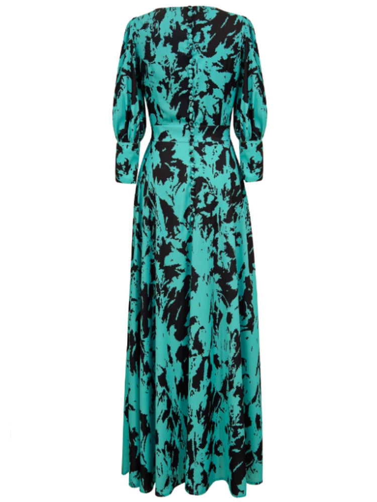 GREEN SATIN LANTERN SLEEVE V-NECK DRESS FOR WEDDING