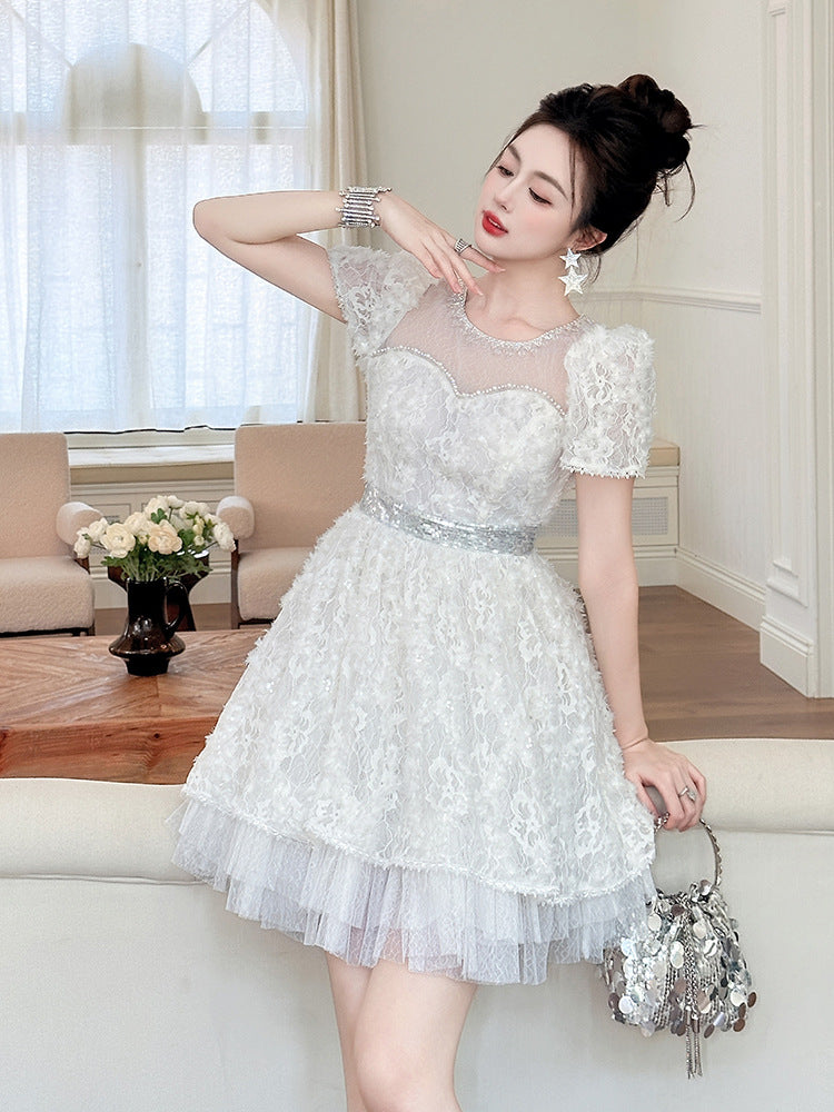 WHITE LACE SEQUIN PUFF SLEEVE MINI DRESS