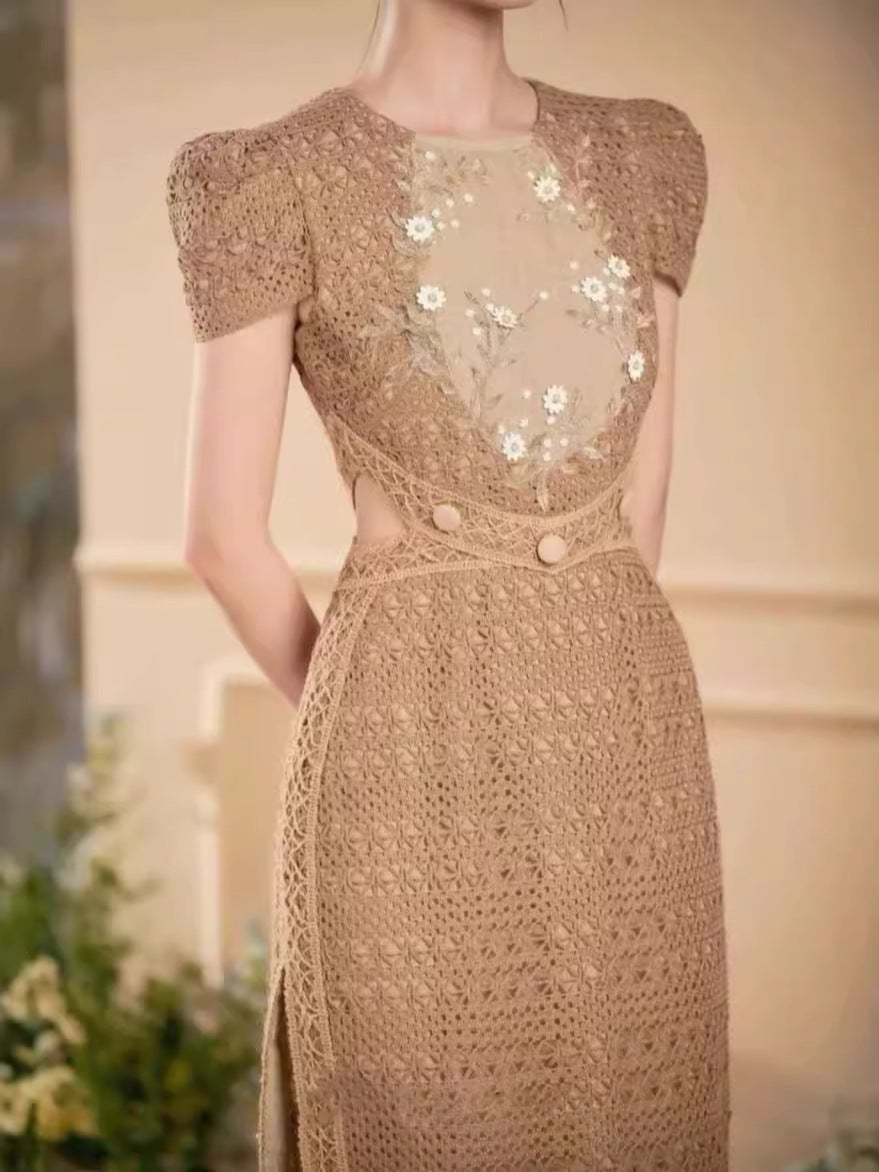 BROWN APPLIQUÉ HOLLOW MAXI DRESS FOR EVENING