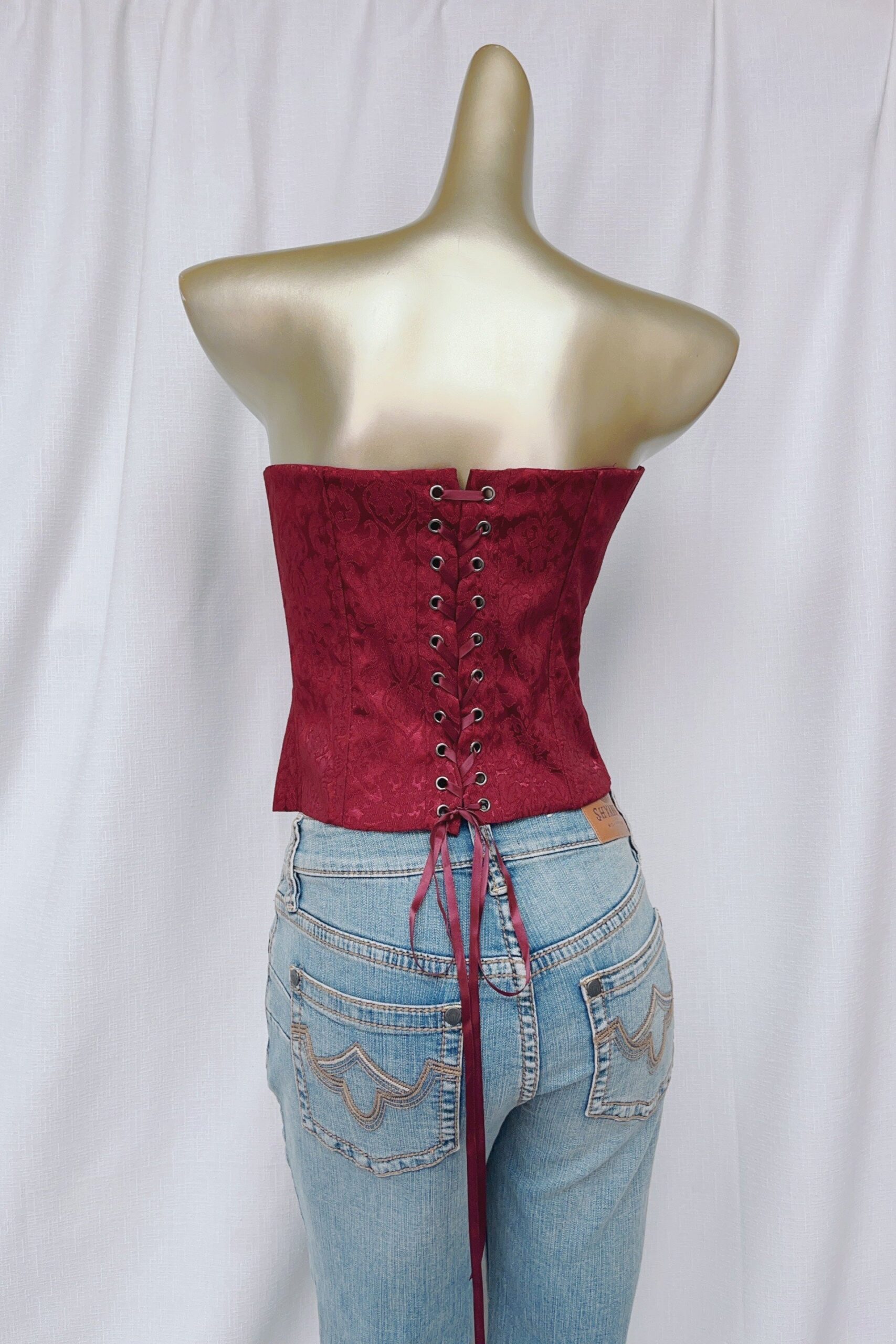 BURGUNDY BROCADE SATIN STRAPLESS CORSET TOP FOR PARTY