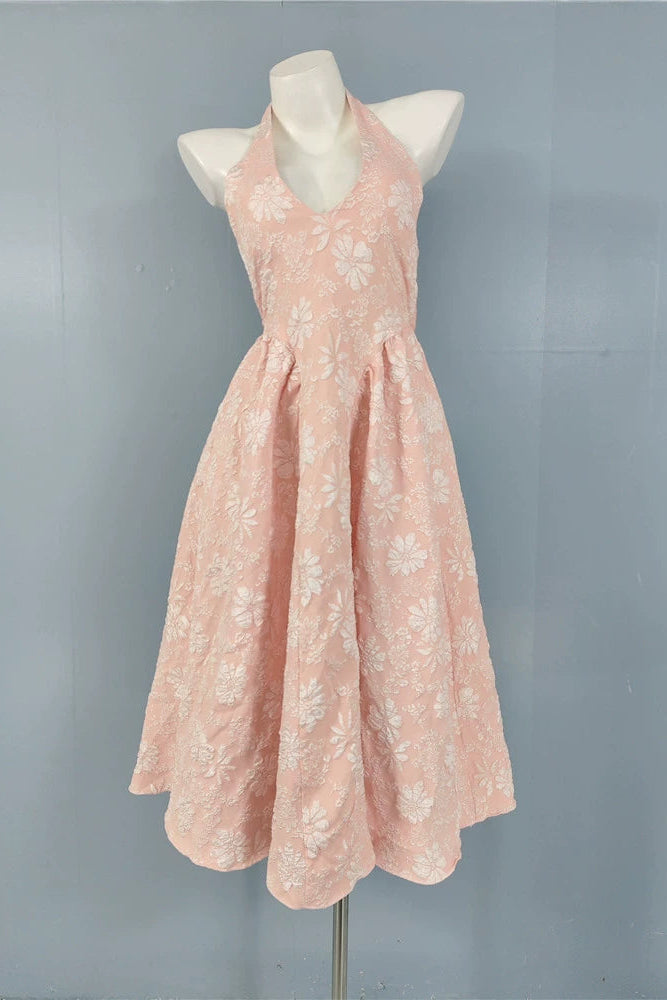 PINK JACQUARD HALTERNECK OPEN BACK SWING MIDI DRESS