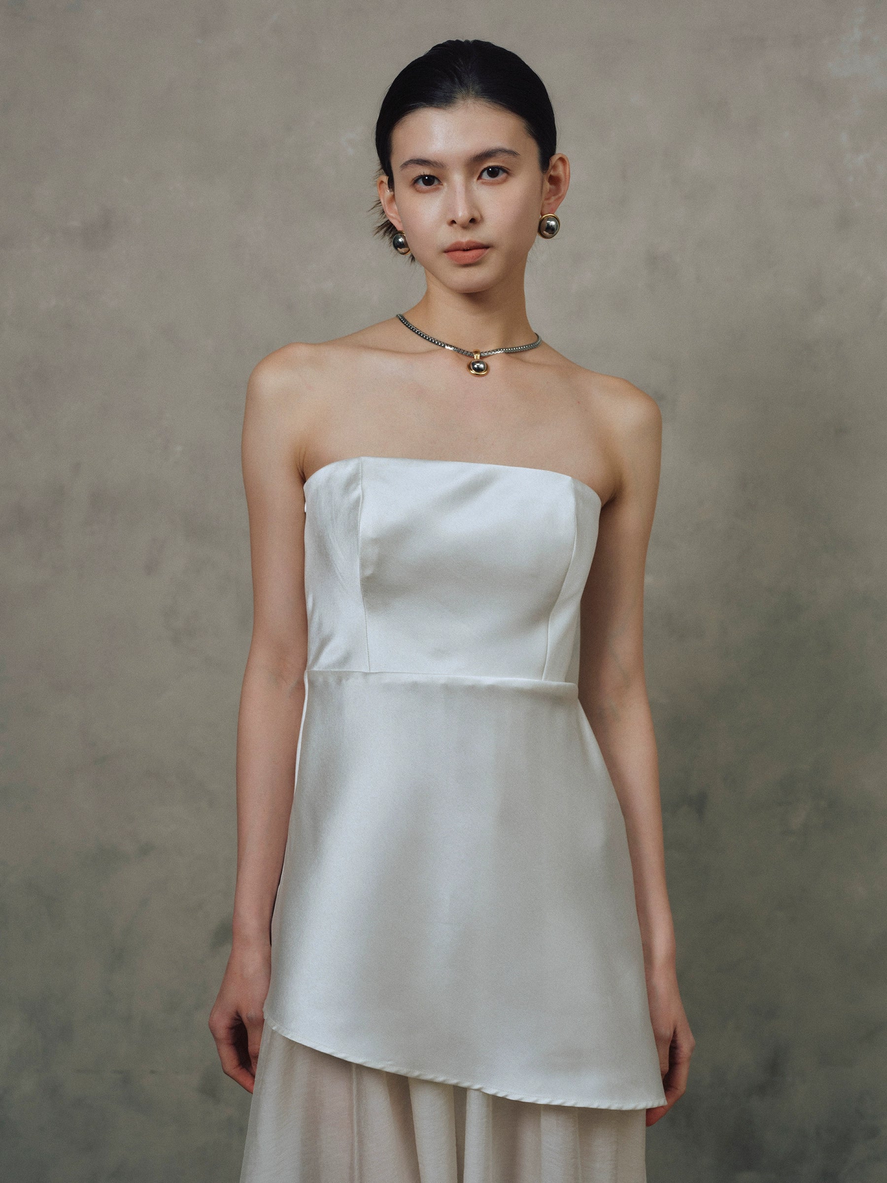 SATIN TULLE STRAPLESS MAXI DRESS WHITE WEDDING