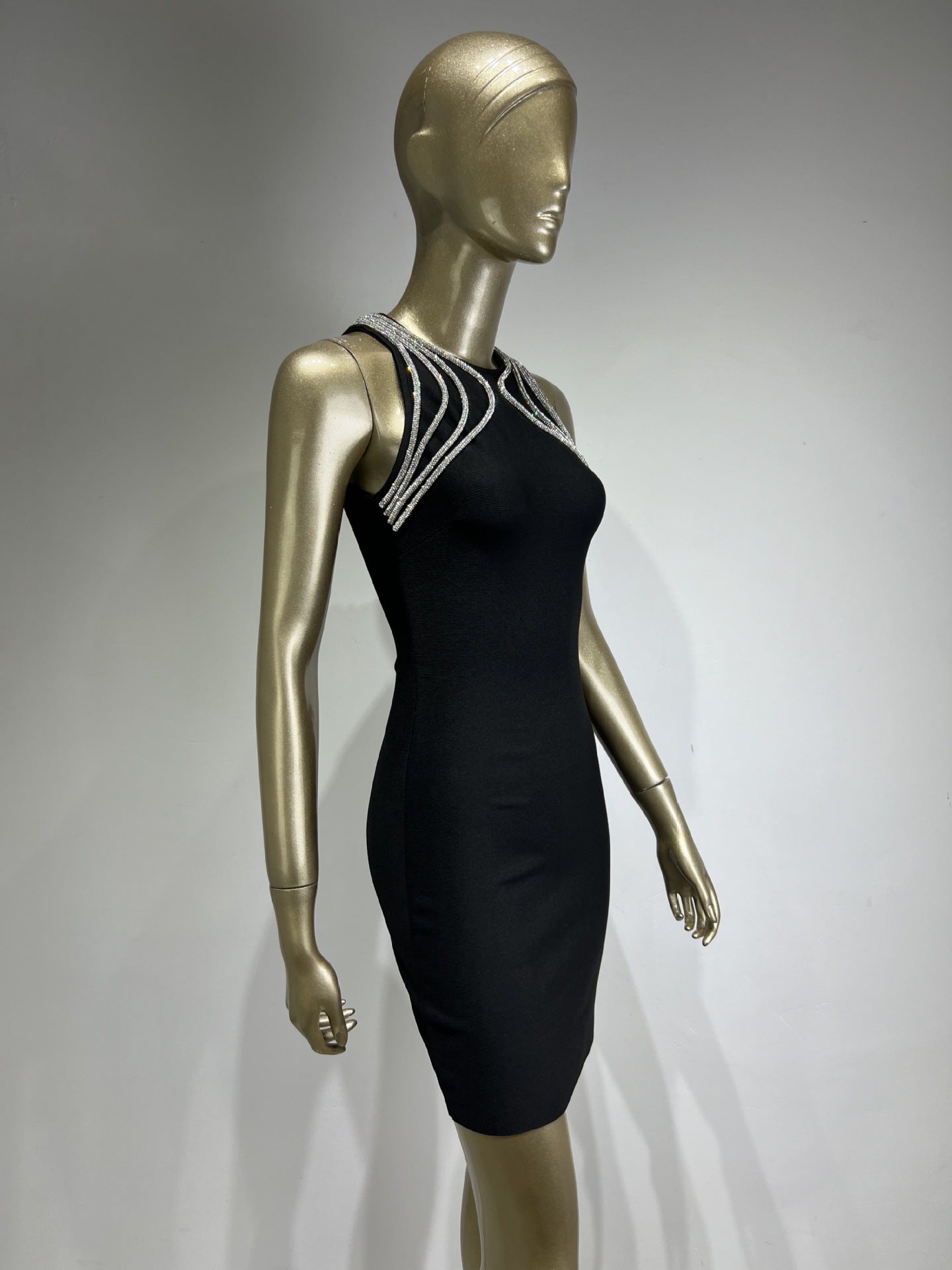 MIKINE BLACK BANDAGE MINI DRESS, DIAMANTE PARTY
