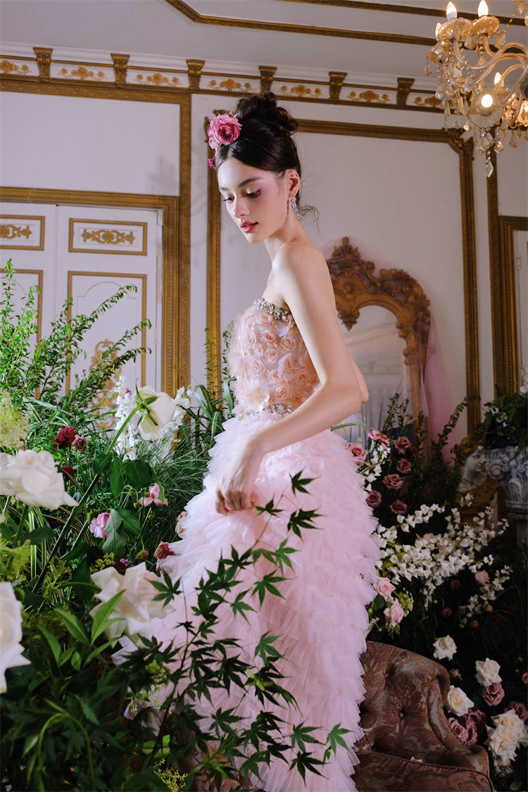 PINK PRINCESS RUFFLE MIDI STRAPLESS FLORAL DRESS