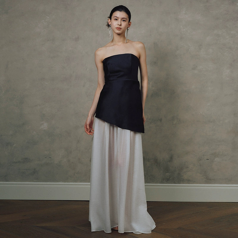 SATIN TULLE STRAPLESS MAXI DRESS WHITE WEDDING