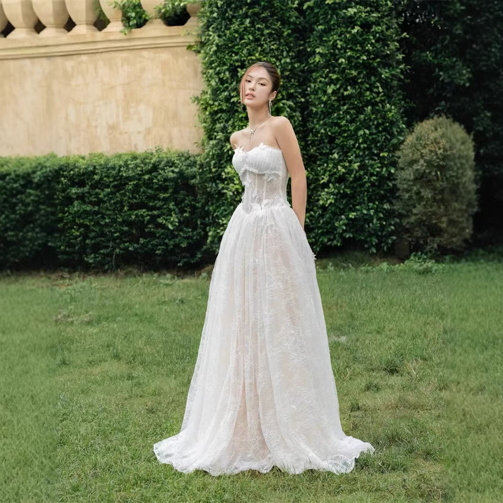 SALLY 3D BUTTERFLY LACE STRAPLESS WHITE MAXI DRESS