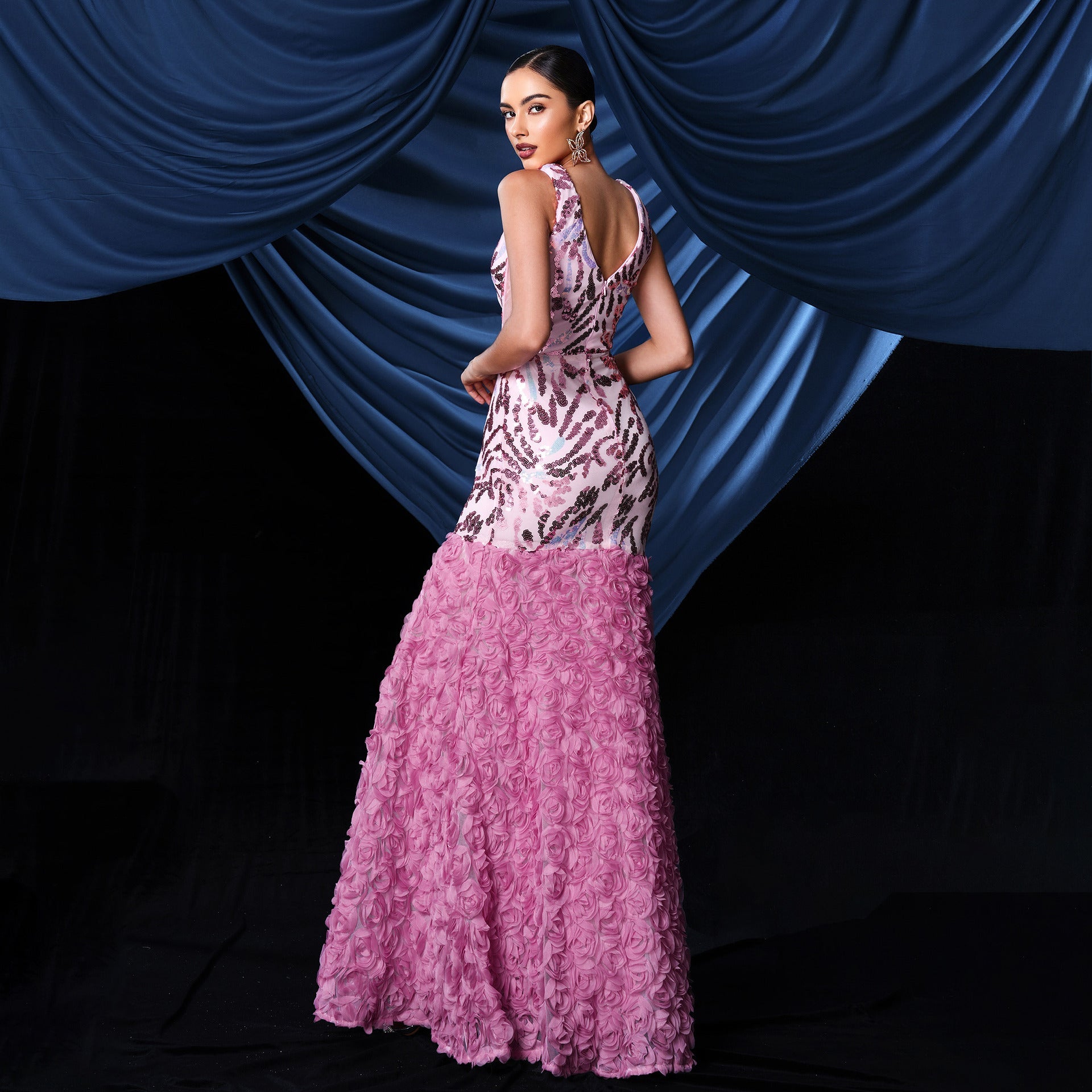 FLORAL SEQUIN SPLIT MAXI DRESS, PINK PARTY GOWN