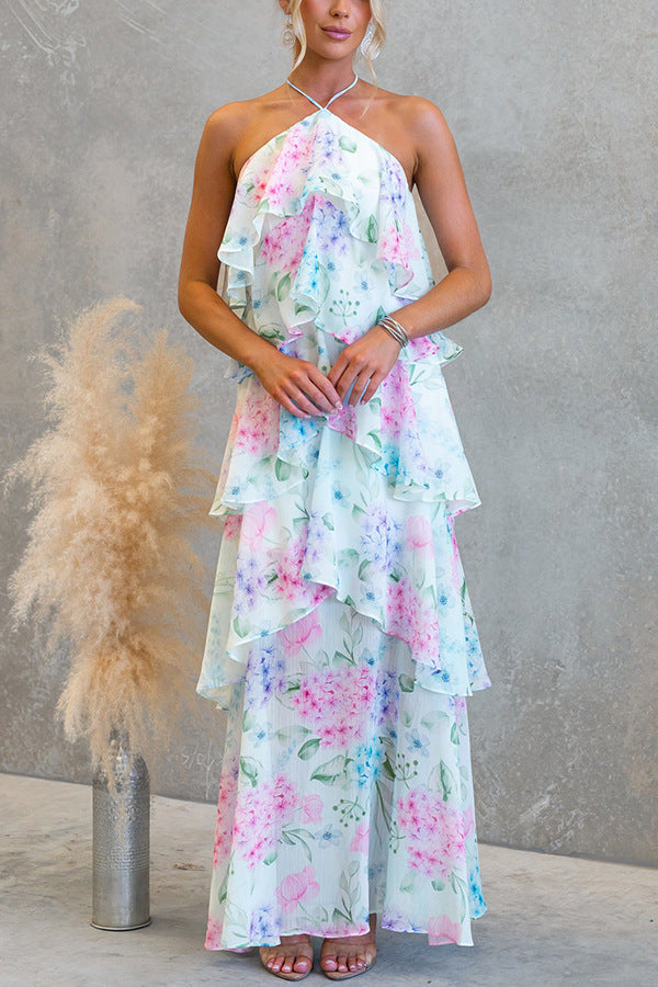 FLORAL RUFFLE HALTER MIDI DRESS FOR SUMMER