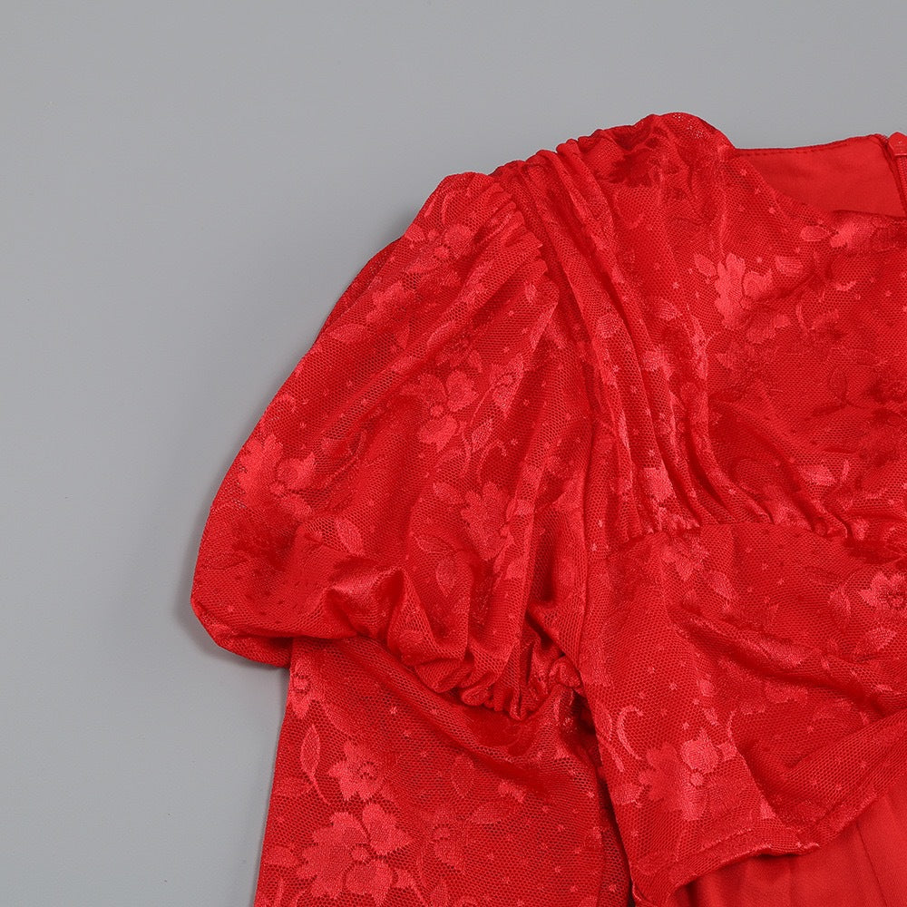 DARIEL FLORAL JACQUARD CUTOUT DRAPED MINI DRESS RED