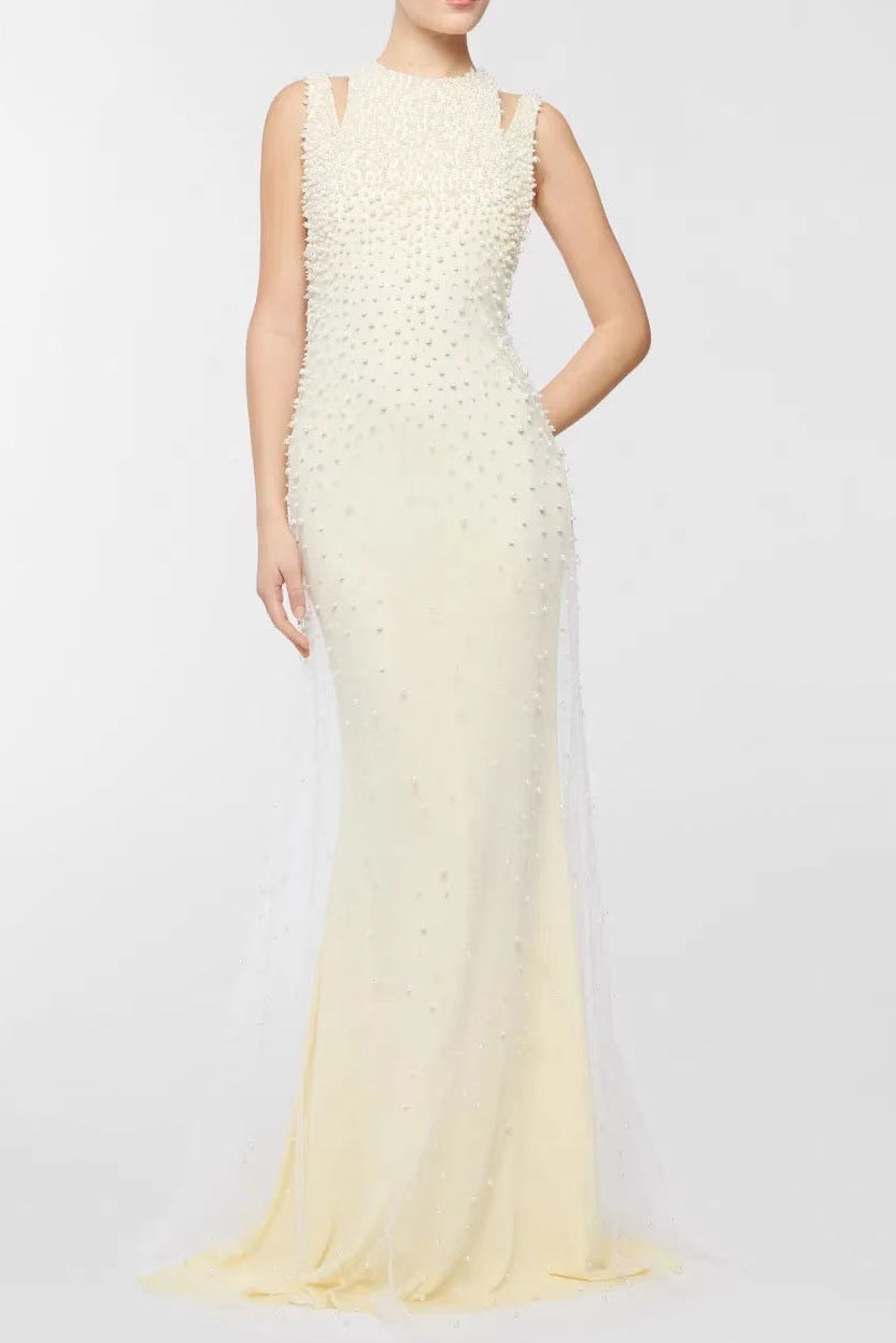 CRYSTAL PEARL TASSEL OFF-SHOULDER FISHTAIL MAXI DRESS FOR WEDDING