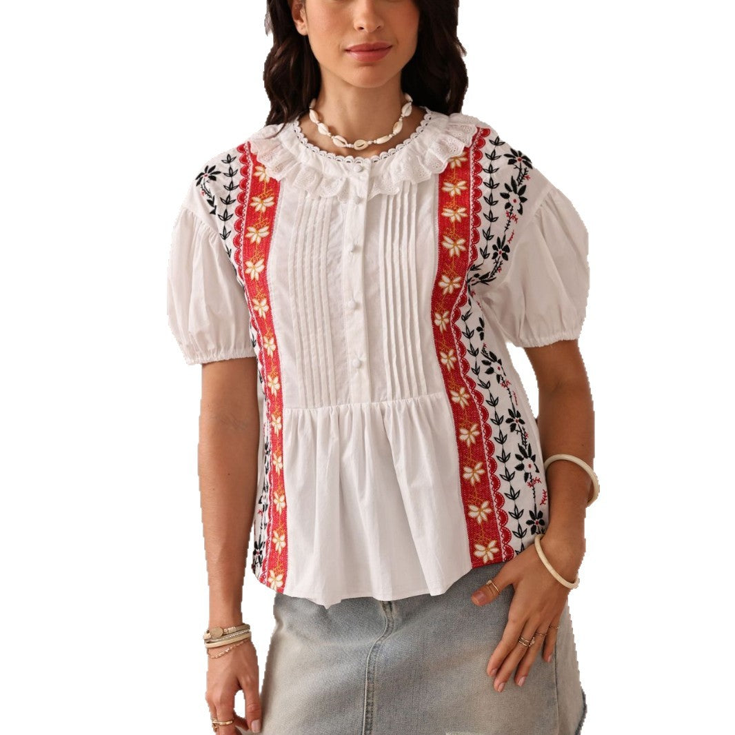 EMBROIDERED LACE HOLLOW TOP, SHORT SLEEVE, CASUAL