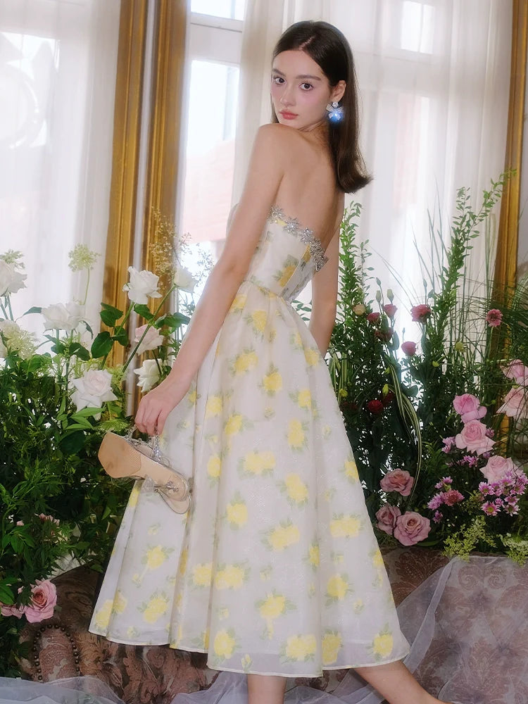 LEMON YELLOW STRAPLESS LONG COCKTAIL DRESS