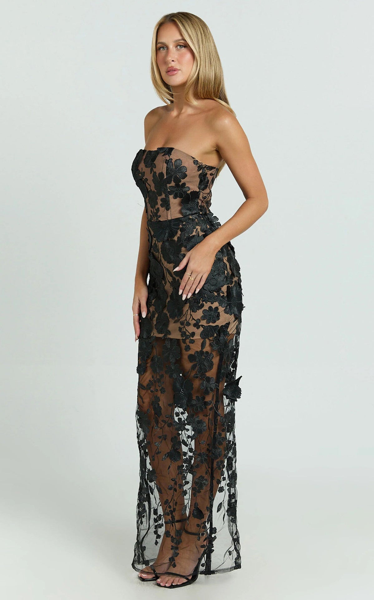 STRAPLESS 3D FLORAL MESH MAXI DRESS FOR WEDDING GUEST