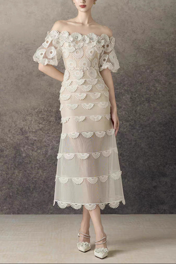 OFF-SHOULDER LACE TIERED MIDI DRESS