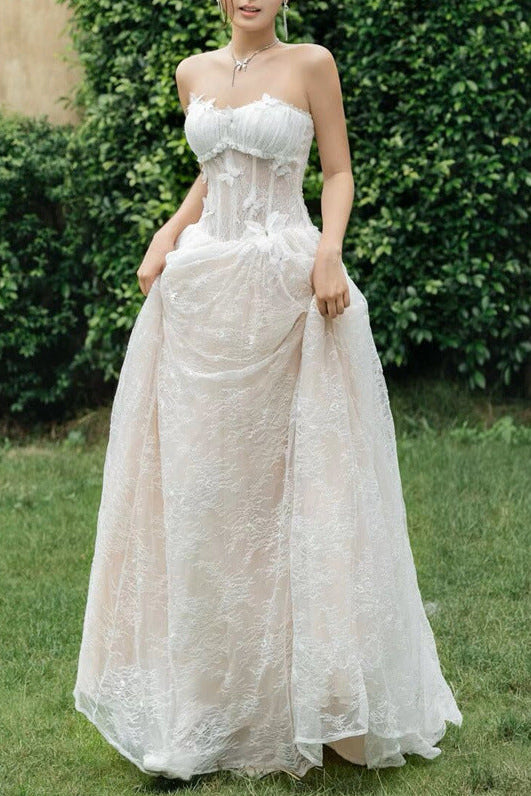 SALLY 3D BUTTERFLY LACE STRAPLESS WHITE MAXI DRESS