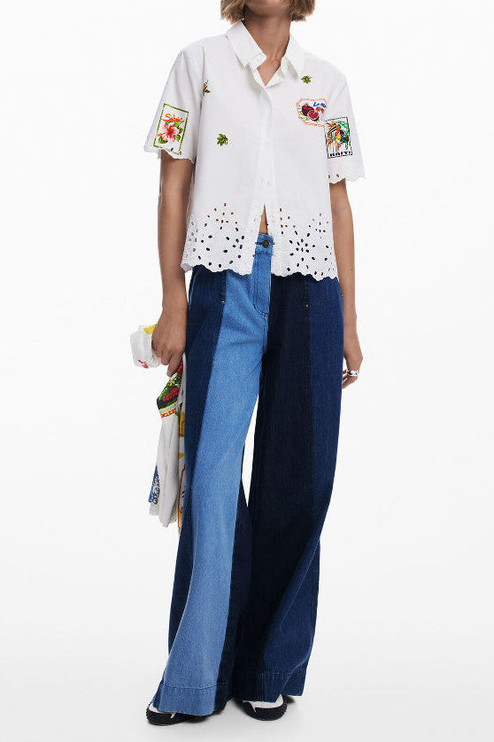 WHITE EYELET HEM SHORT SLEEVE SHIRT, CASUAL