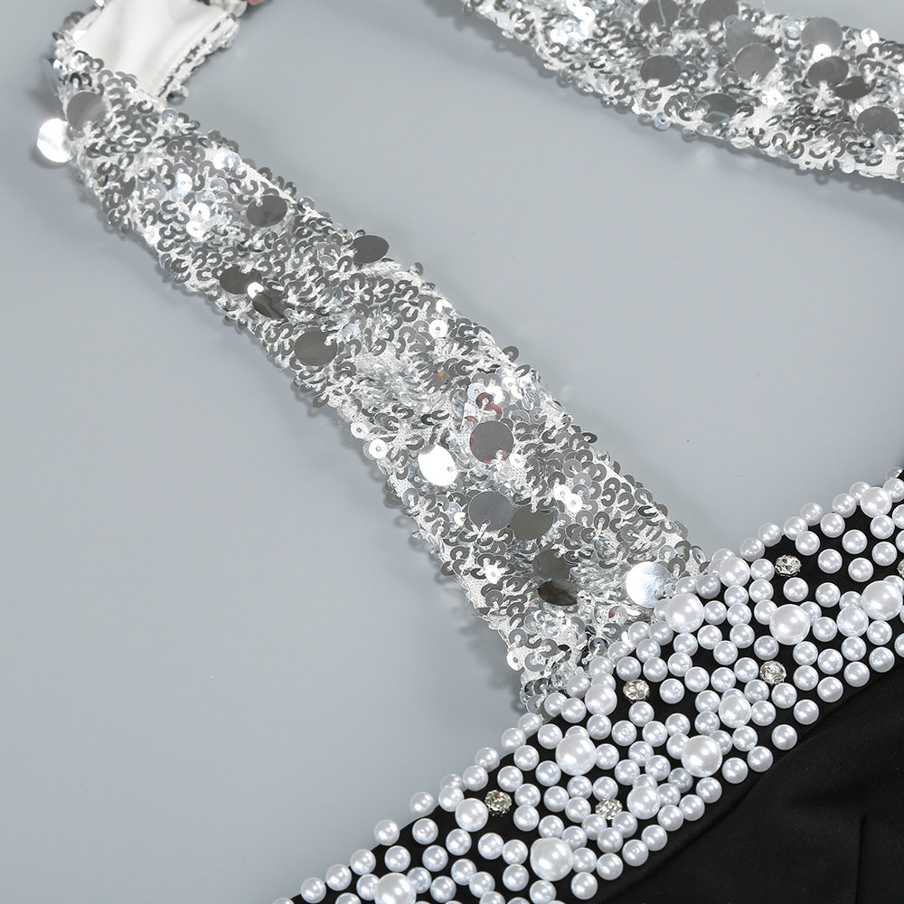 HALTER PEARL CRYSTAL GOWN, BLACK FORMAL