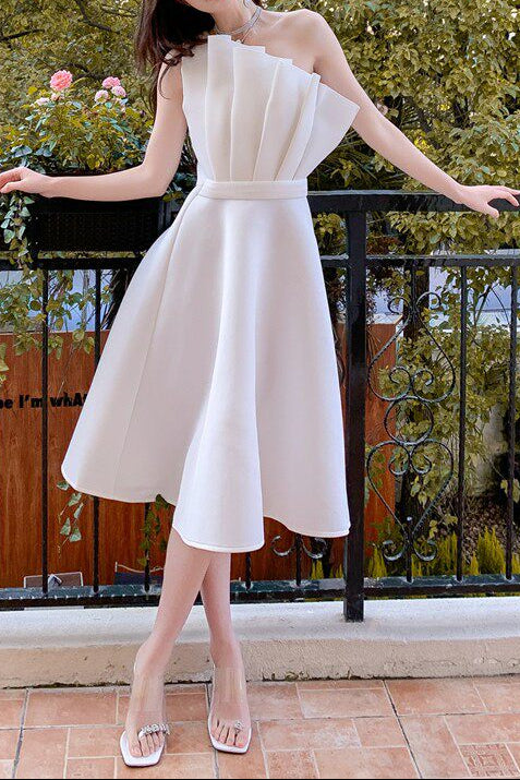 RUFFLED HEM STRAPLESS ONE-SHOULDER MIDI DRESS