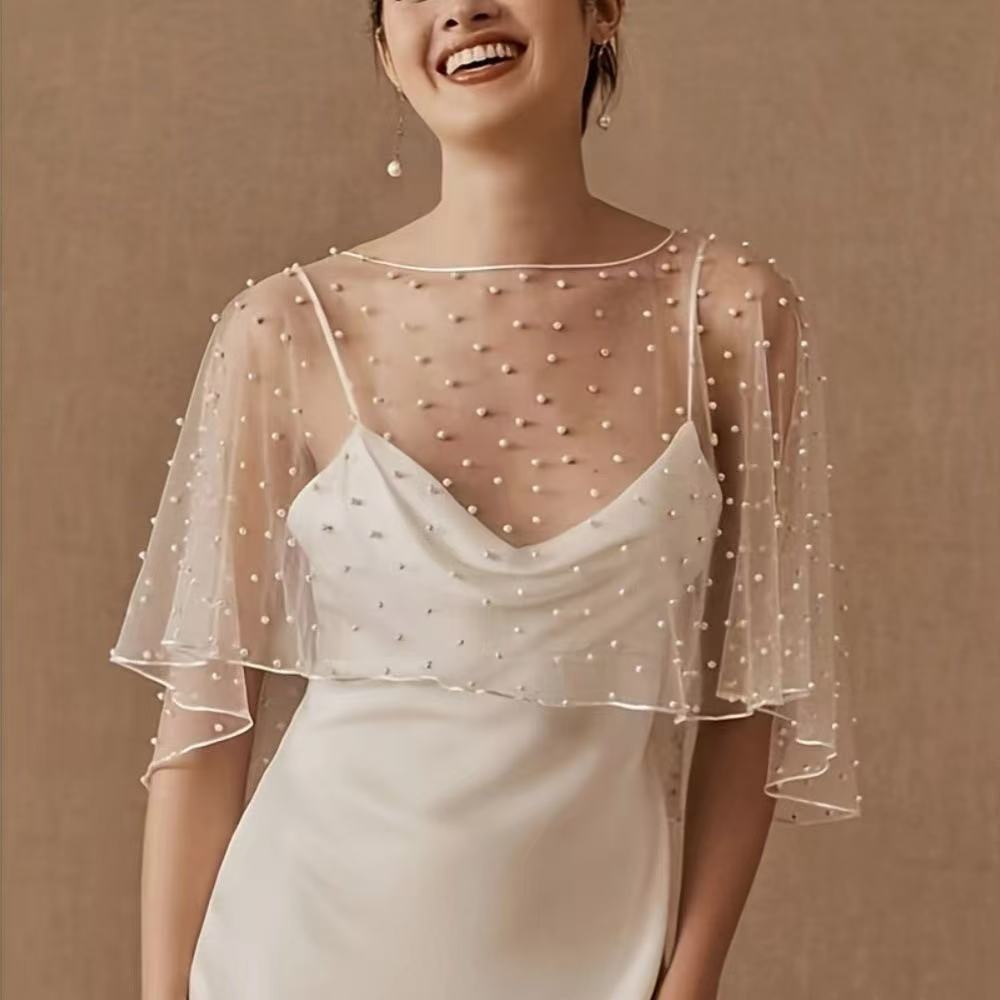 WHITE BEADED TULLE SHORT BRIDAL CAPE SHRUG