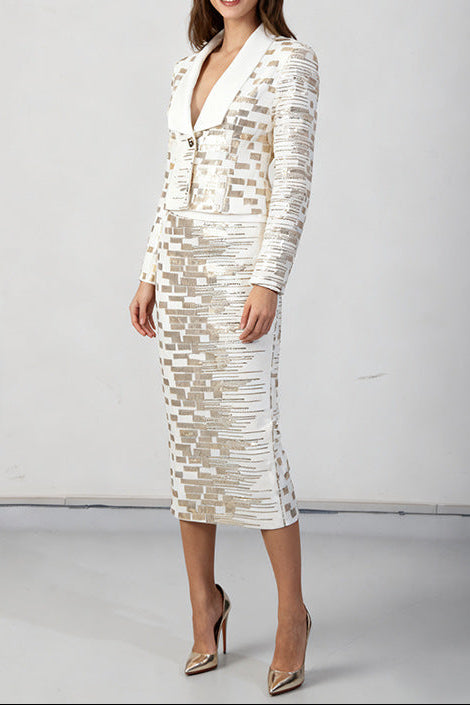 HIGH-WAIST GOLD SEQUIN SKIRT & BLAZER SUIT, WHITE