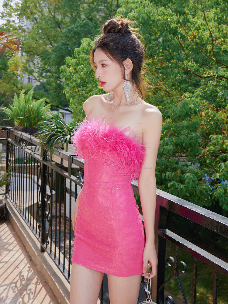 DOLORES SEQUIN STRAPLESS MINI DRESS, FEATHER HEM PARTY