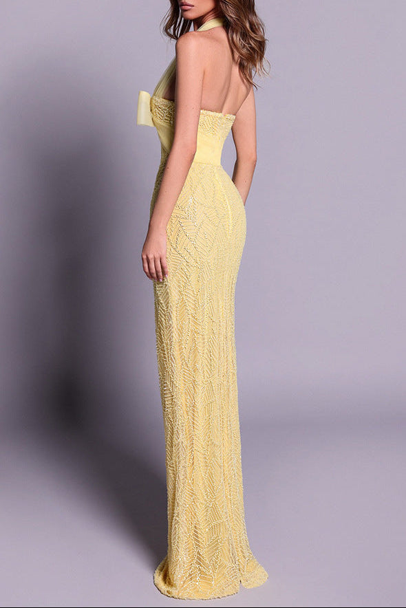 IRENE YELLOW HALTER BEADED BODYCON MAXI DRESS